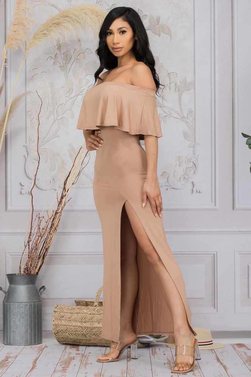 HH652R-SD - OFF SHOULDER SOLID MAXI DRESS