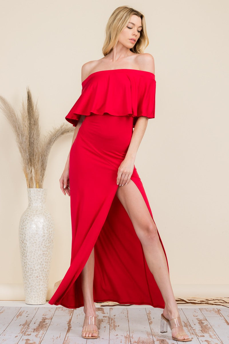 HH652X-SD - OFF SHOULDER SOLID MAXI DRESS