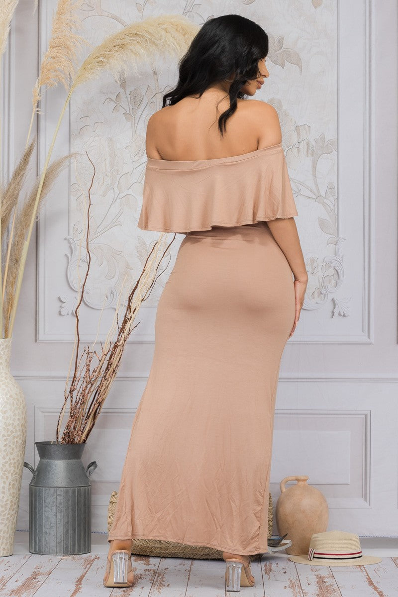 HH652X-SD - OFF SHOULDER SOLID MAXI DRESS