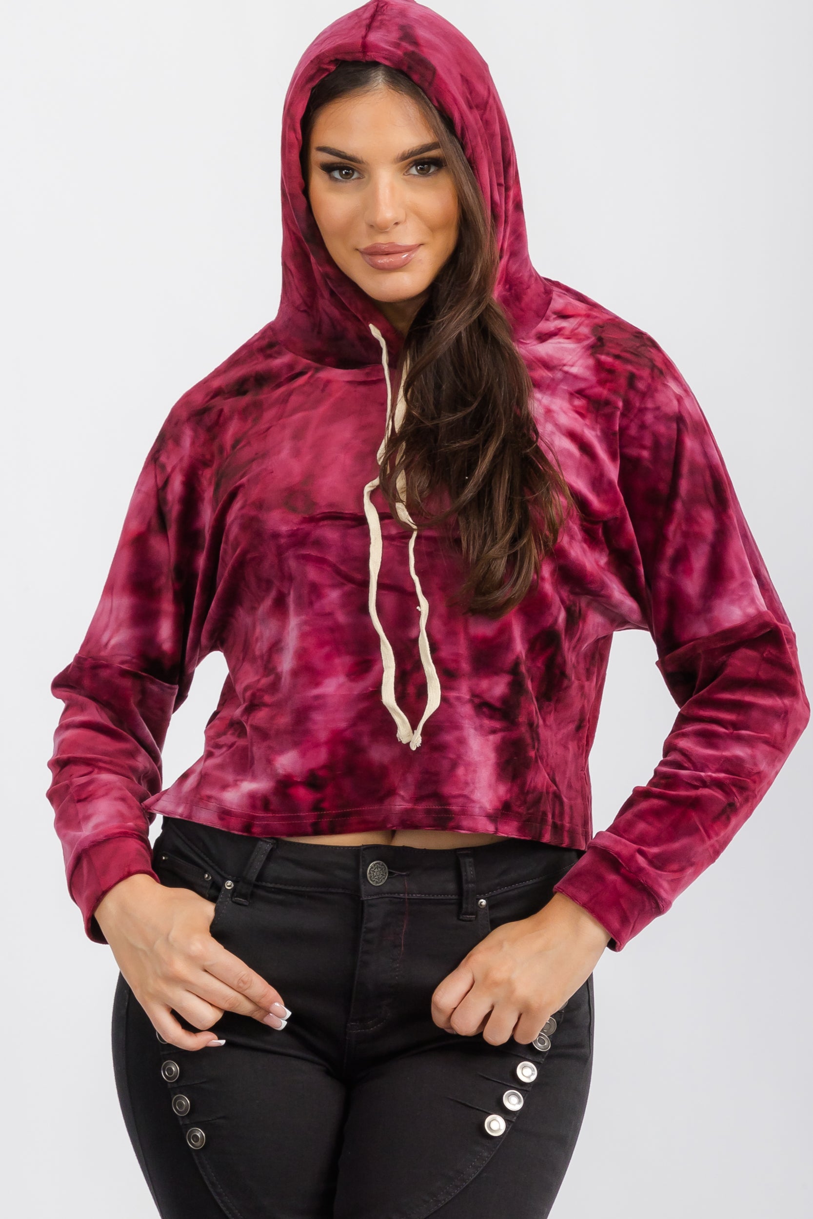 156612 - Tie-Dye Cropped Hoodie with Drawstring Detail