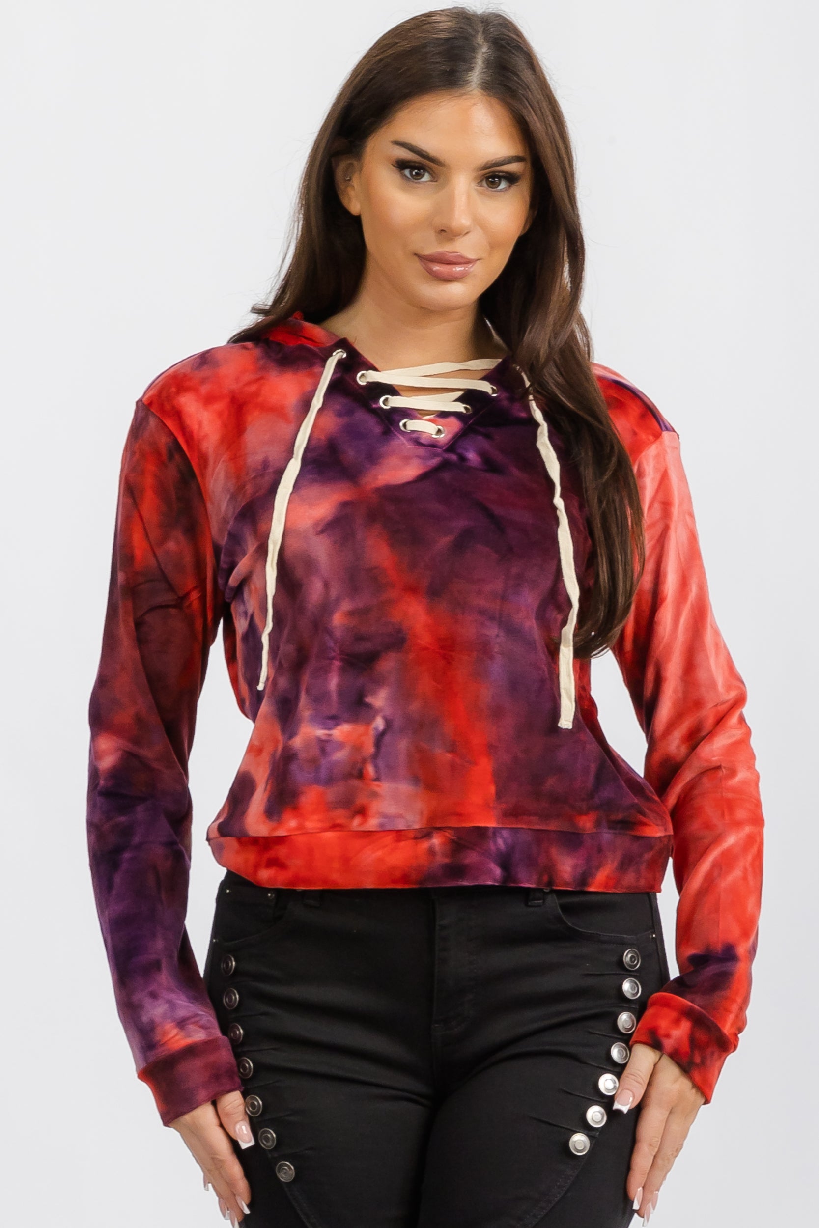 156612 - Tie-Dye Cropped Hoodie with Drawstring Detail