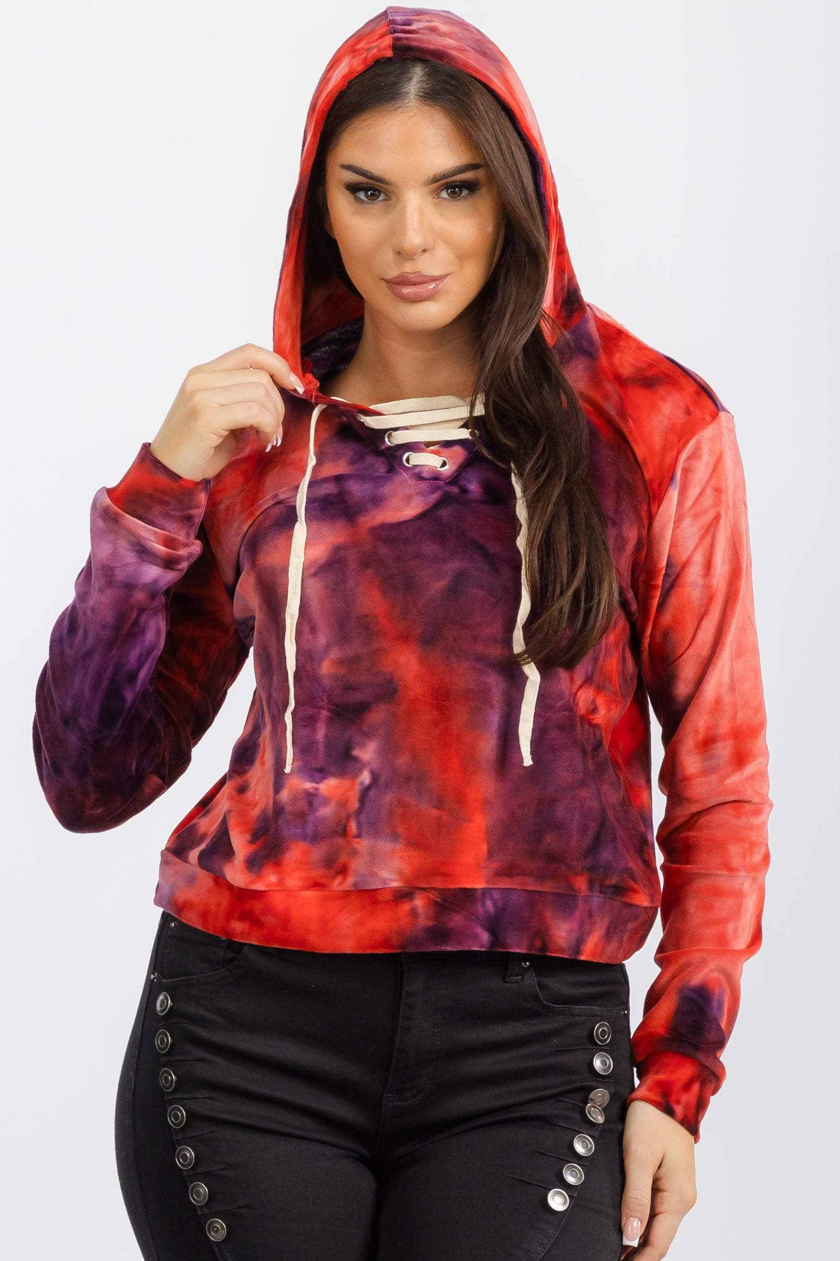 156612 - Tie-Dye Cropped Hoodie with Drawstring Detail