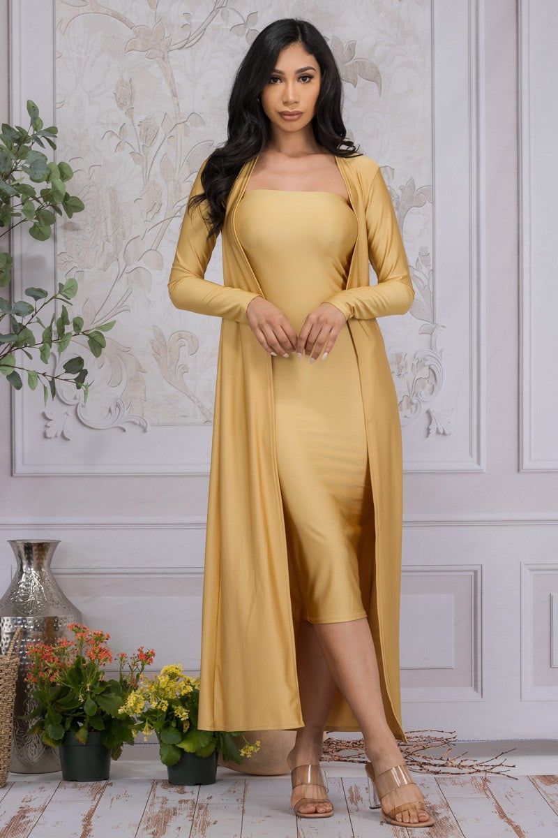 HH636R-MTL - 2 PC SATIN TUBE DRESS AND DUSTER