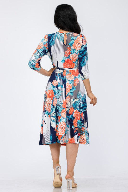 HH583R-P-FL Floral Midi Tie-Up Dress with Midi Sleeves