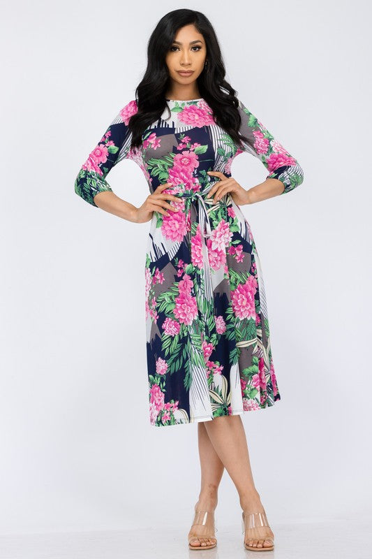 HH583R-P-FL Floral Midi Tie-Up Dress with Midi Sleeves