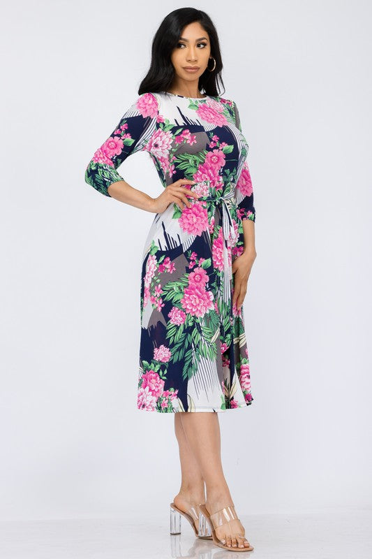 HH583R-P-FL Floral Midi Tie-Up Dress with Midi Sleeves