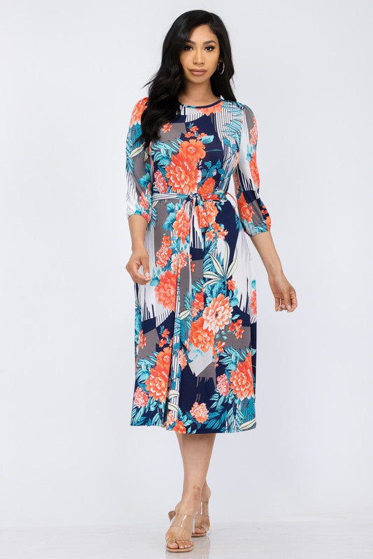 HH583R-P-FL Floral Midi Tie-Up Dress with Midi Sleeves