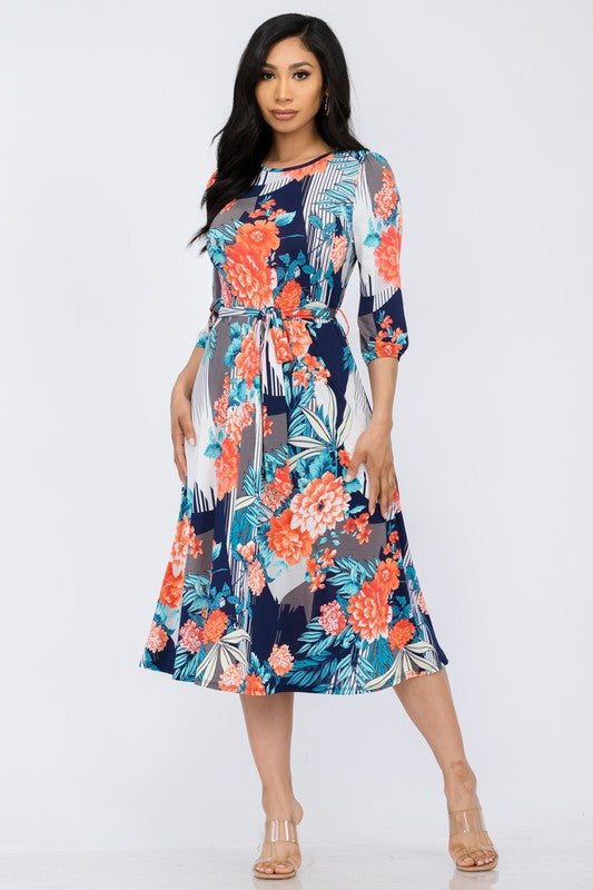 HH583R-P-FL Floral Midi Tie-Up Dress with Midi Sleeves