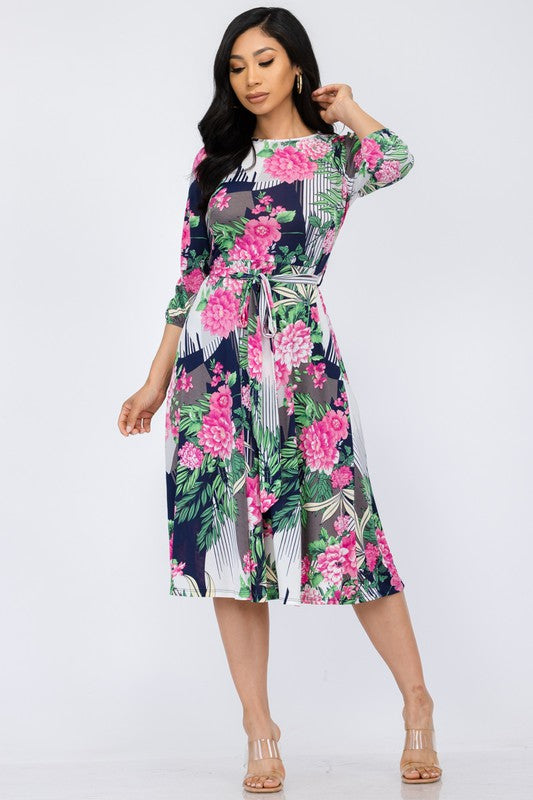 HH583R-P-FL Floral Midi Tie-Up Dress with Midi Sleeves