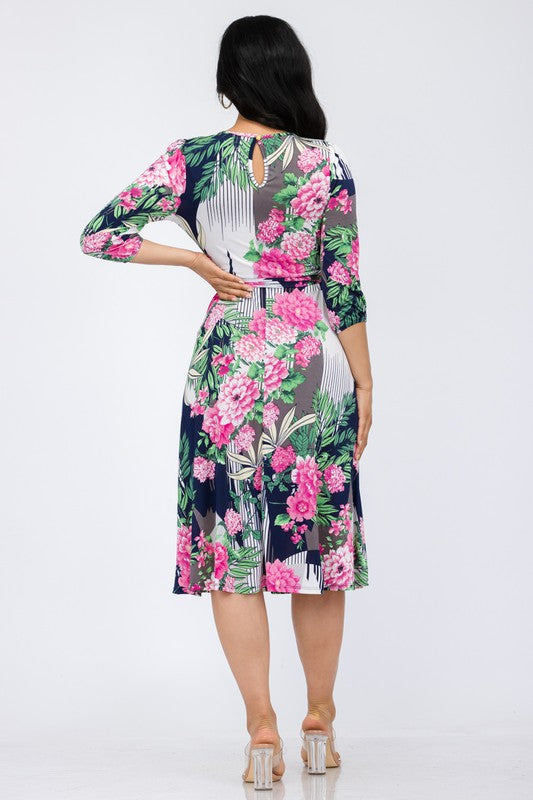 HH583R-P-FL Floral Midi Tie-Up Dress with Midi Sleeves