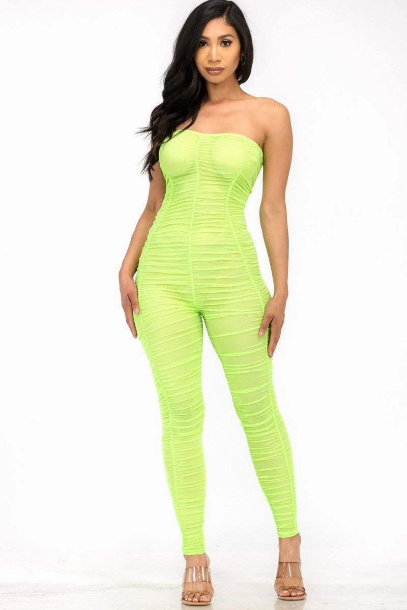 JP1563 - STRAPLESS RUCHED MESH JUMPSUIT