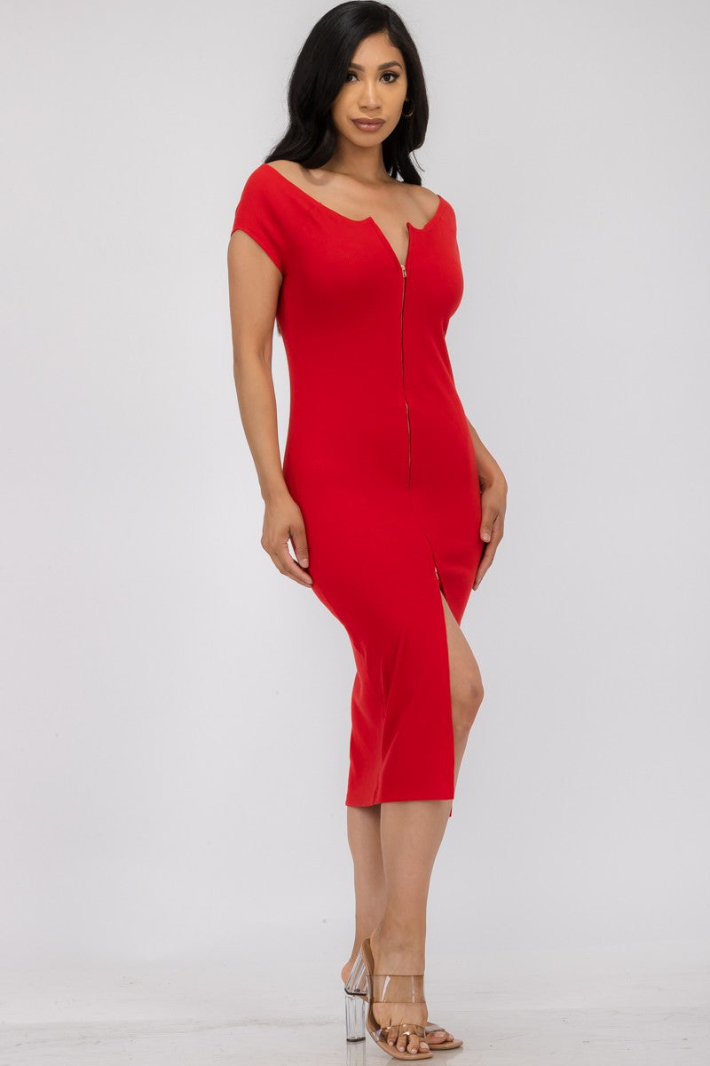 TD8103 - OFF THE SHOULDER ZIPPER DRESS