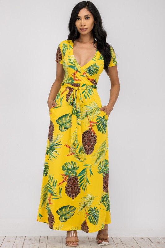 SAN149BX-P3 Plus Tropical Faux Wrap Maxi Dress