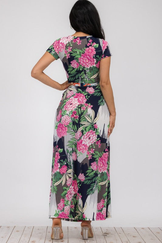 SAN149BX-P3 Plus Tropical Faux Wrap Maxi Dress