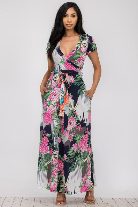 SAN149BX-P3 Plus Tropical Faux Wrap Maxi Dress