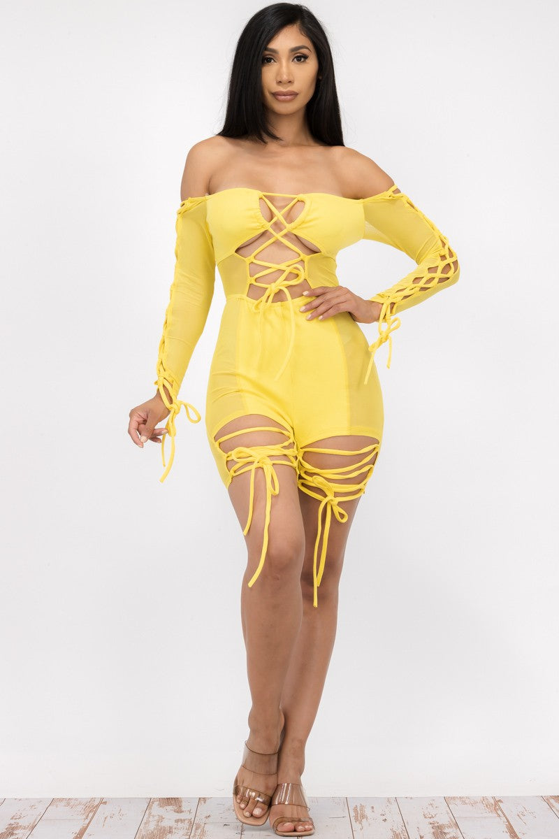 MR7977-1 - Off Shoulder Lace-Up Mesh Romper