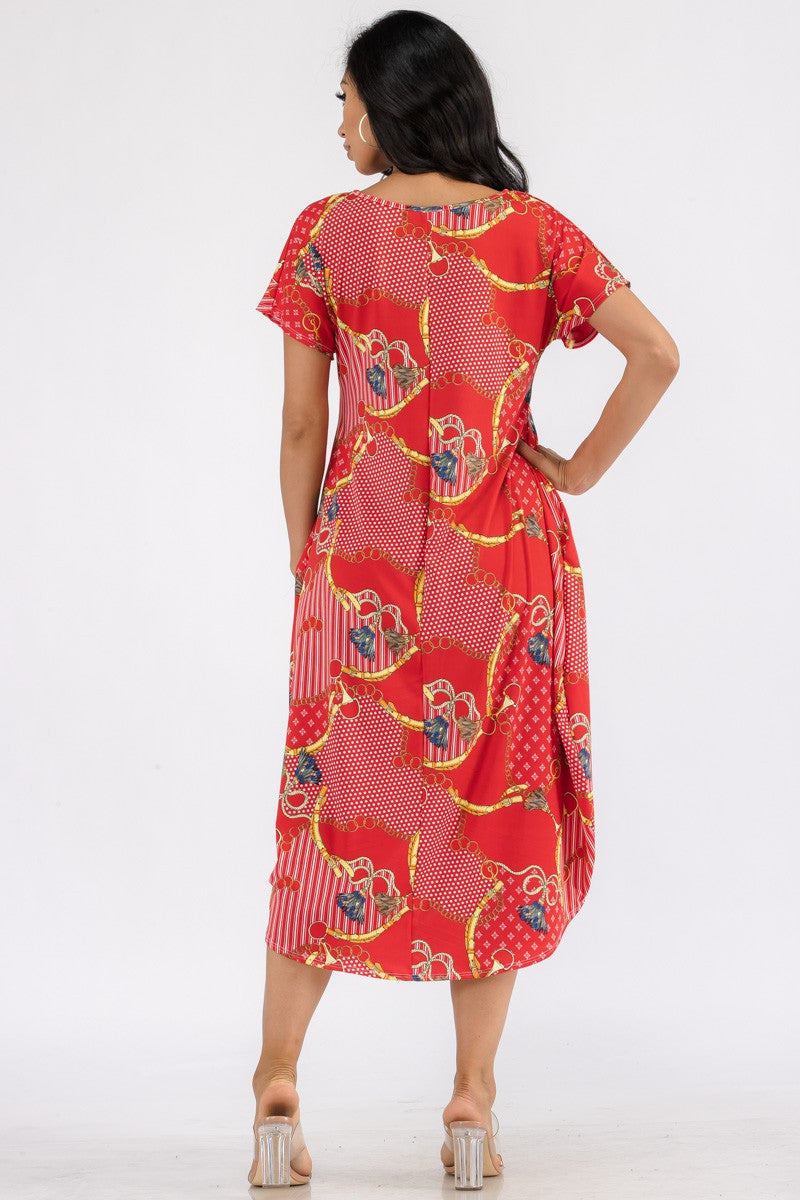 HH635R-TAS - TASSEL PRINT HI LOW MIDI DRESS