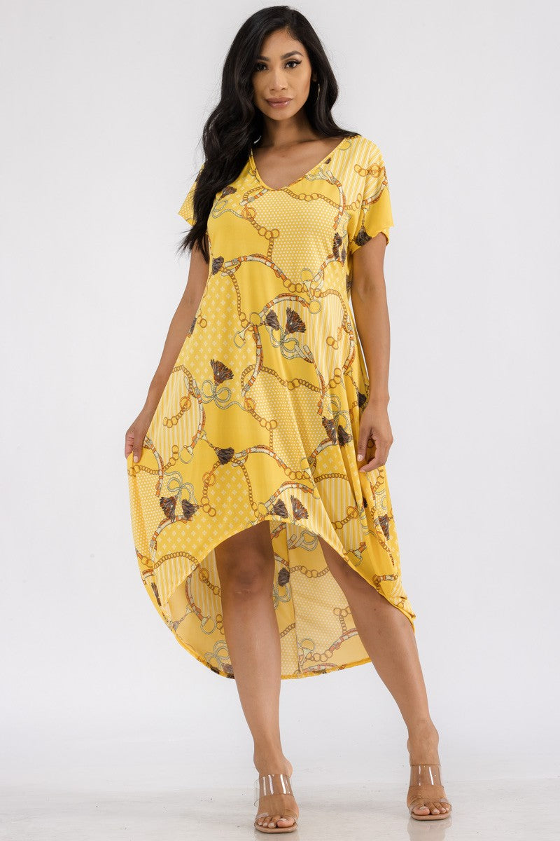 HH635R-TAS - TASSEL PRINT HI LOW MIDI DRESS