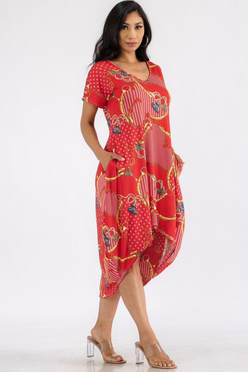 HH635R-TAS - TASSEL PRINT HI LOW MIDI DRESS