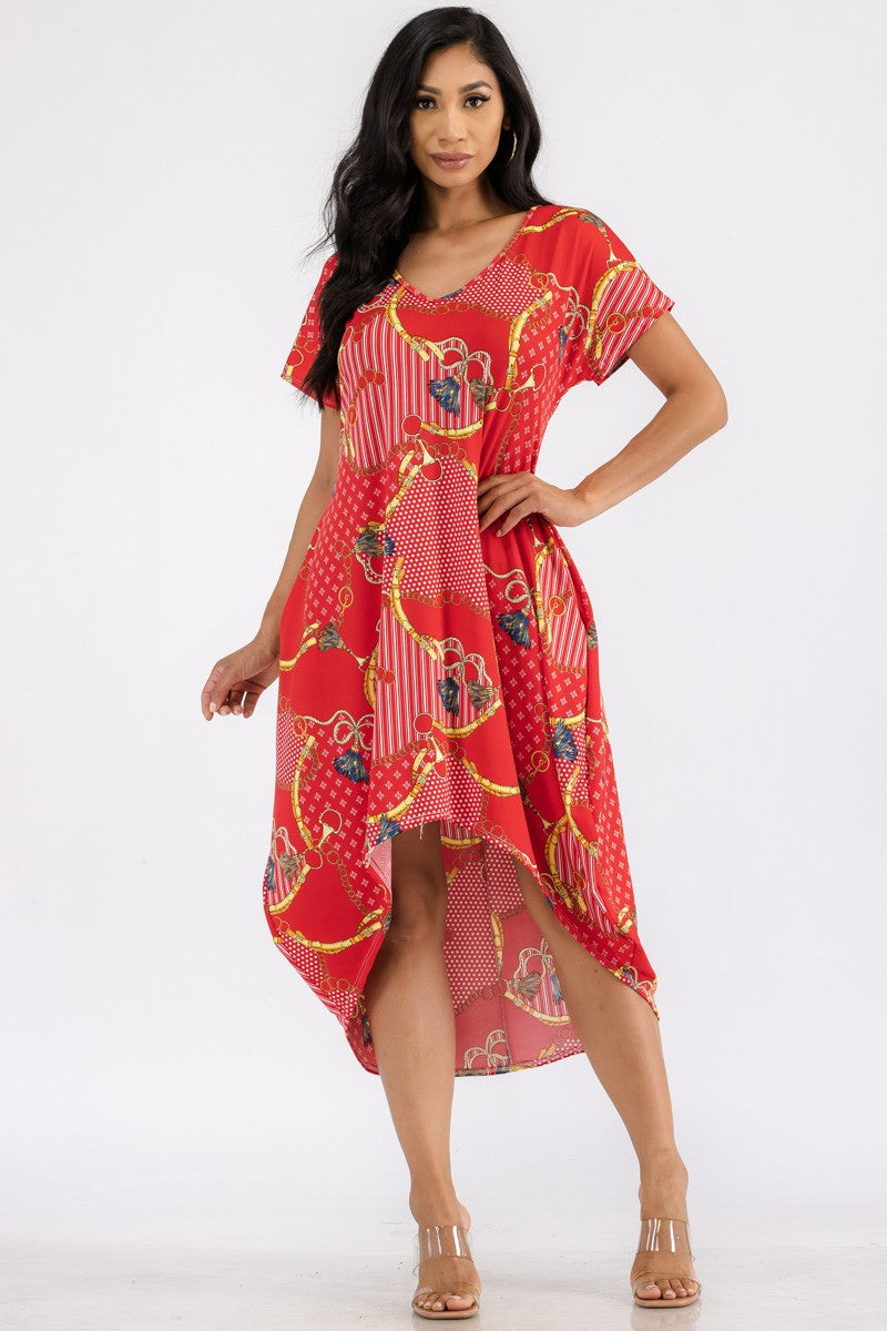 HH635X-TAS - TASSEL PRINT HI LOW MIDI DRESS