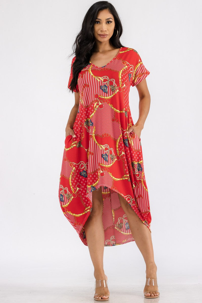 HH635X-TAS - TASSEL PRINT HI LOW MIDI DRESS