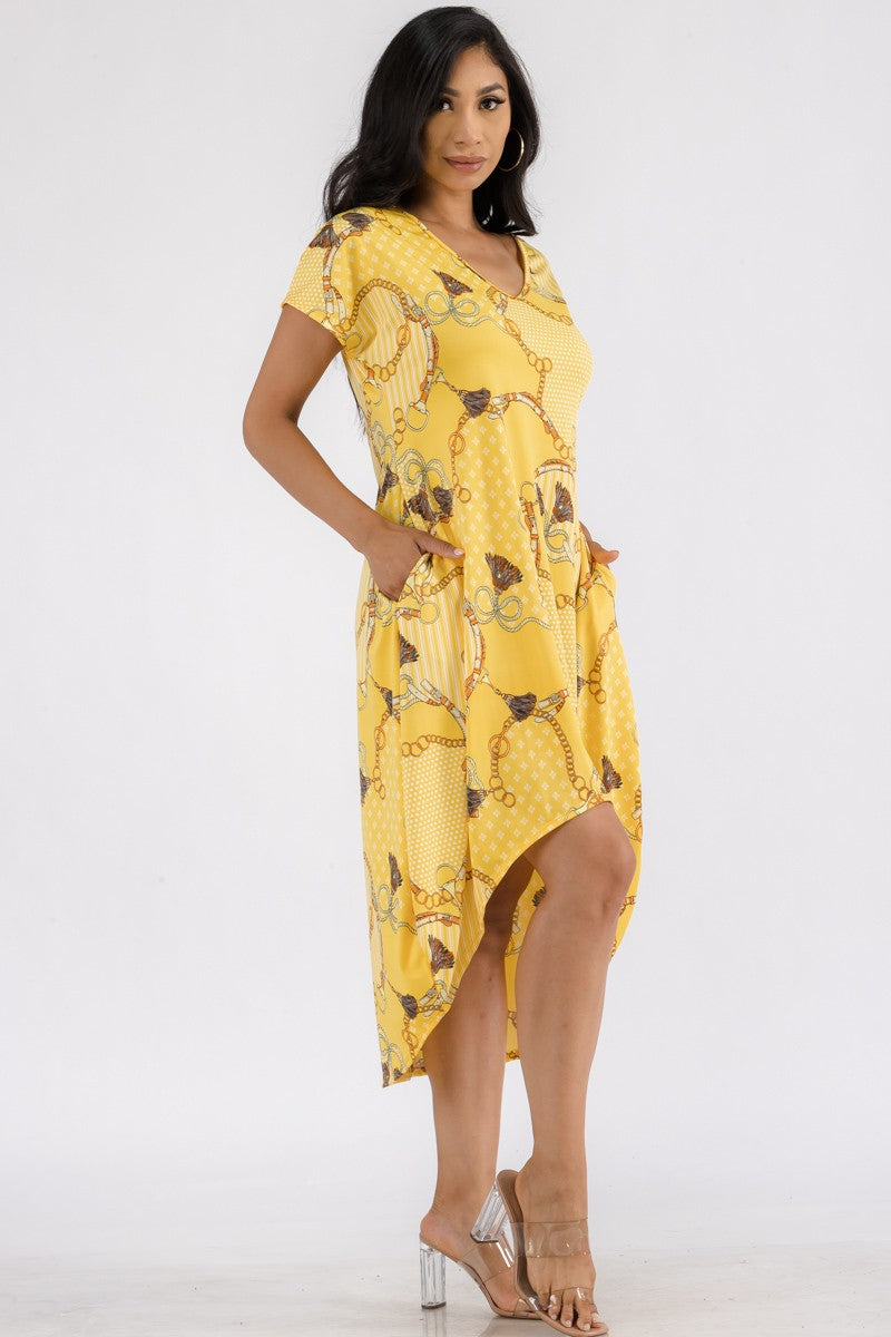 HH635R-TAS - TASSEL PRINT HI LOW MIDI DRESS