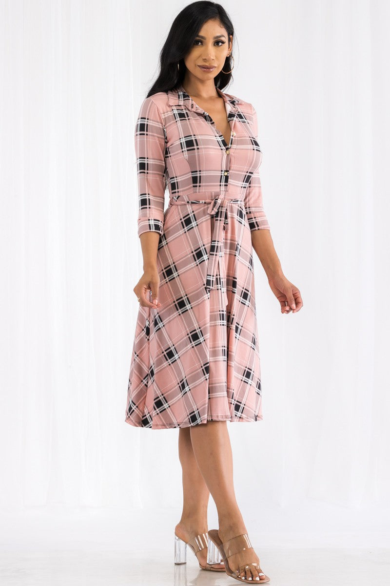 HH649X-PLAID - MIDI BUTTON FRONT DRESS