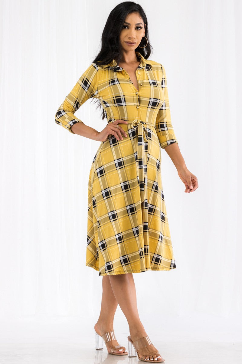 HH649X-PLAID - MIDI BUTTON FRONT DRESS