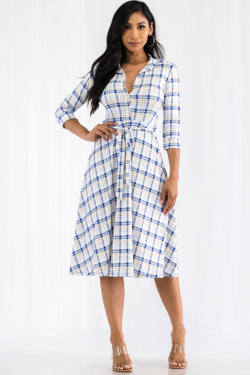 HH649X-PLAID - MIDI BUTTON FRONT DRESS