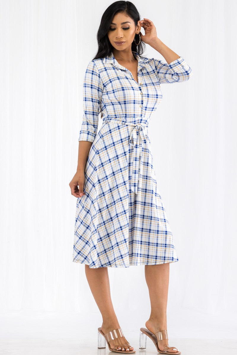 HH649X-PLAID - MIDI BUTTON FRONT DRESS