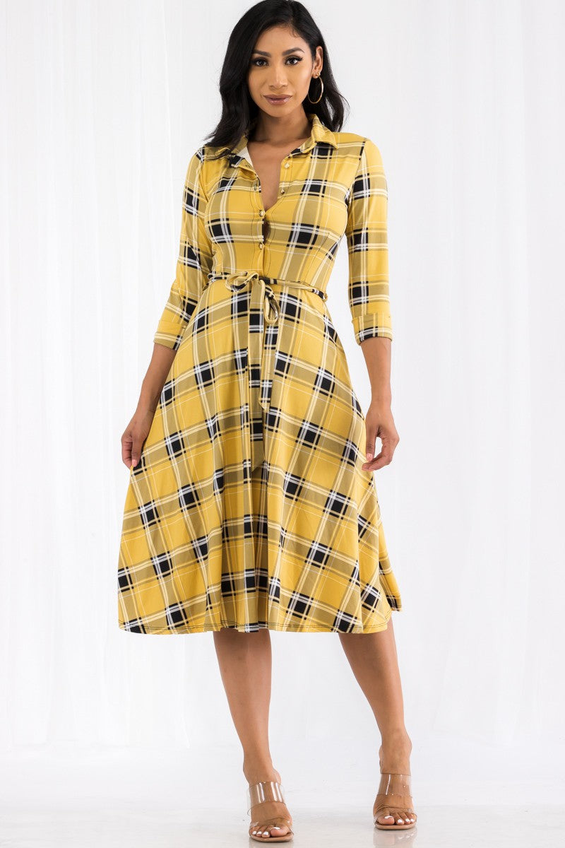 HH649X-PLAID - MIDI BUTTON FRONT DRESS