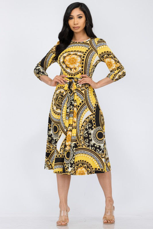 HH583X-P-CH Plus Chain Multiprint Midi Tie-Up Dress with Midi Sleeves