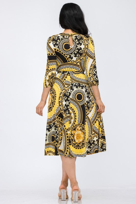 HH583X-P-CH Plus Chain Multiprint Midi Tie-Up Dress with Midi Sleeves