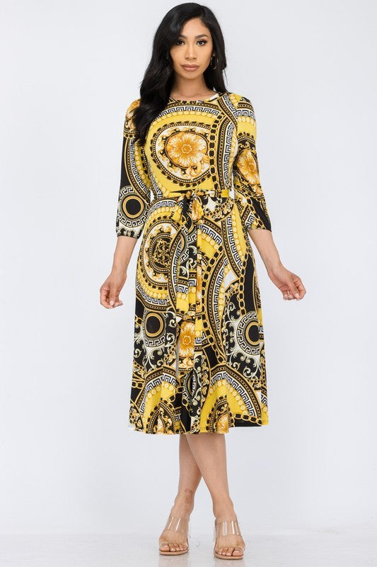 HH583X-P-CH Plus Chain Multiprint Midi Tie-Up Dress with Midi Sleeves