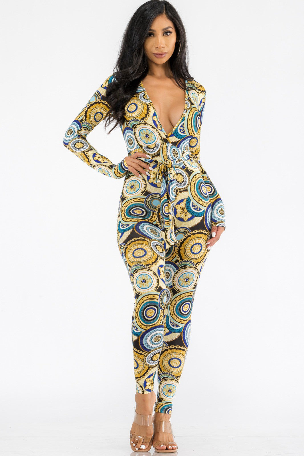 HH626R-GEO - LONG SLEEVE BODYCON JUMPSUIT