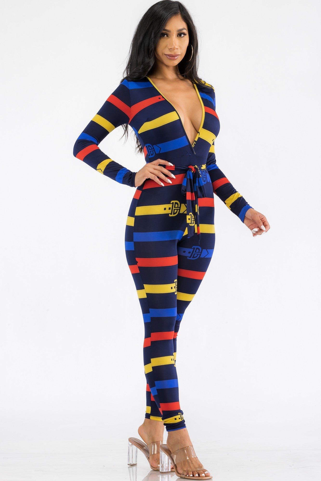 HH626X-BELT - LONG SLEEVE BODYCON JUMPSUIT