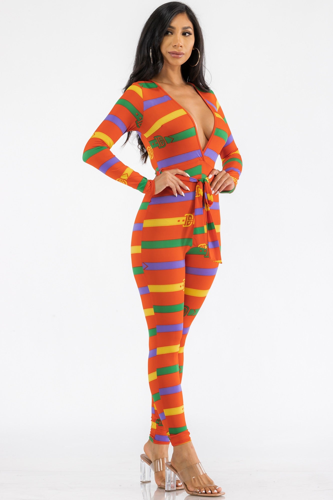 HH626X-BELT - LONG SLEEVE BODYCON JUMPSUIT