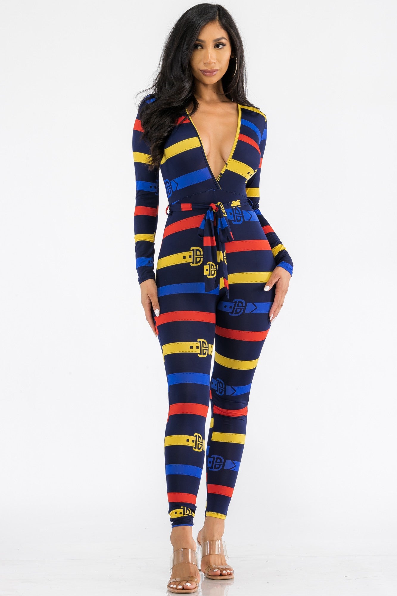 HH626X-BELT - LONG SLEEVE BODYCON JUMPSUIT