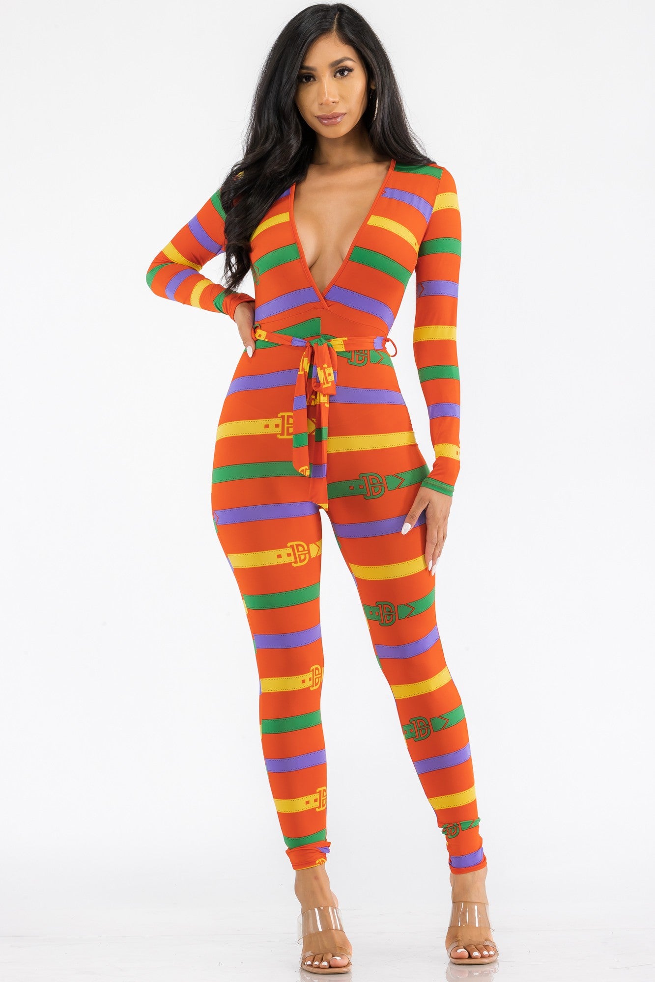 HH626X-BELT - LONG SLEEVE BODYCON JUMPSUIT