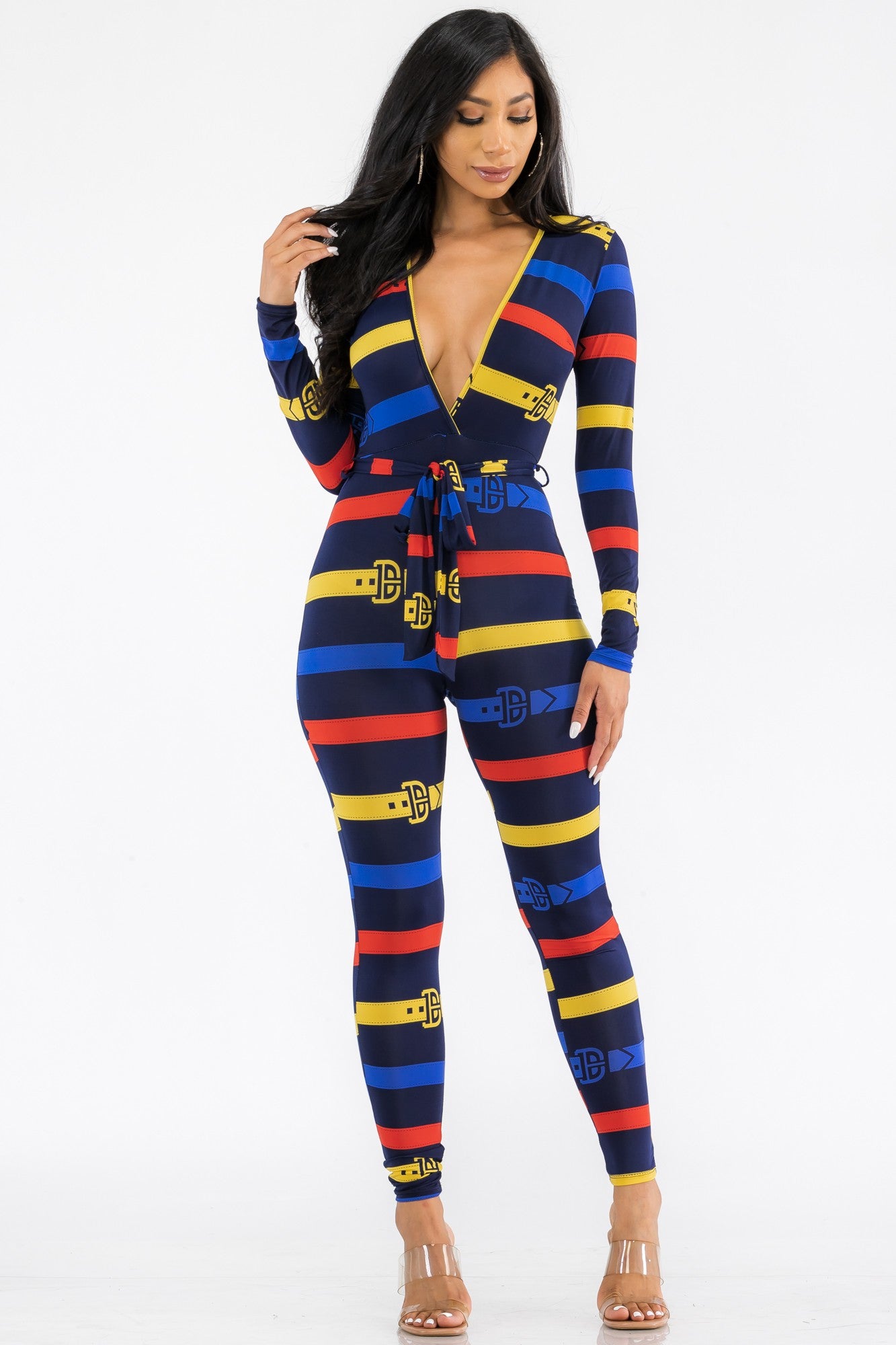 HH626X-BELT - LONG SLEEVE BODYCON JUMPSUIT