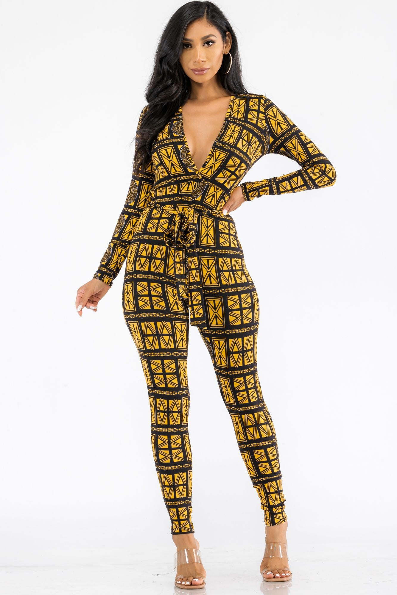 HH626X-TRIBAL - LONG SLEEVE BODYCON JUMPSUIT