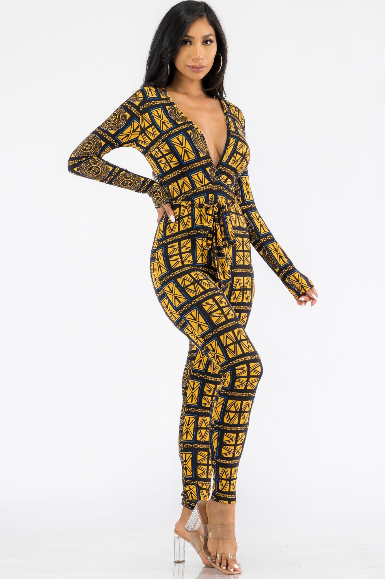 HH626X-TRIBAL - LONG SLEEVE BODYCON JUMPSUIT