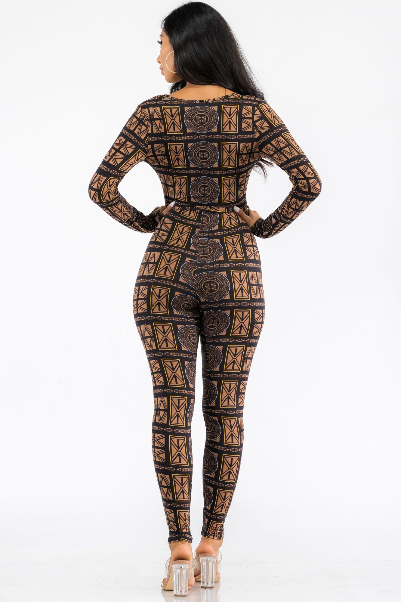 HH626X-TRIBAL - LONG SLEEVE BODYCON JUMPSUIT