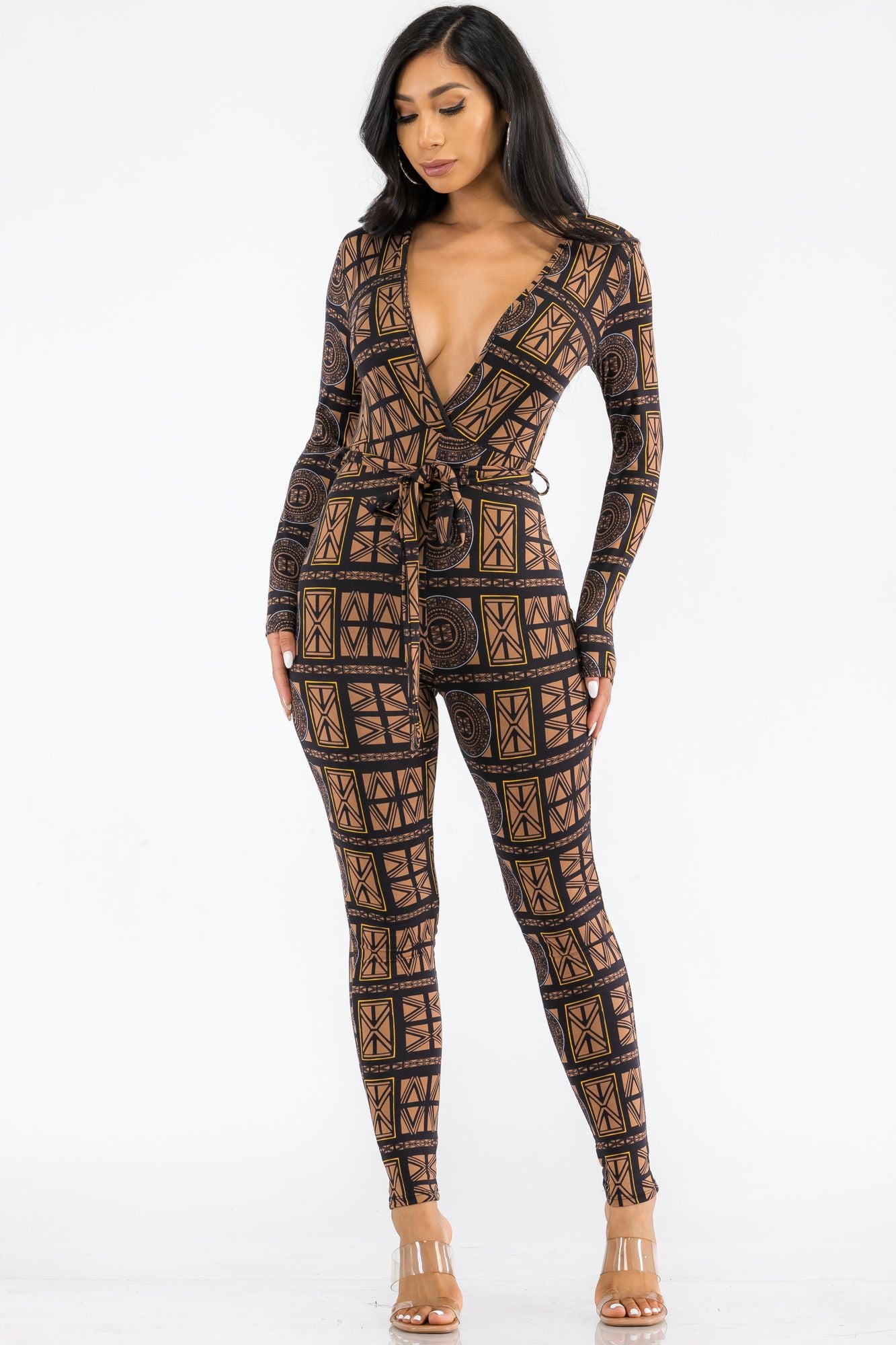 HH626X-TRIBAL - LONG SLEEVE BODYCON JUMPSUIT