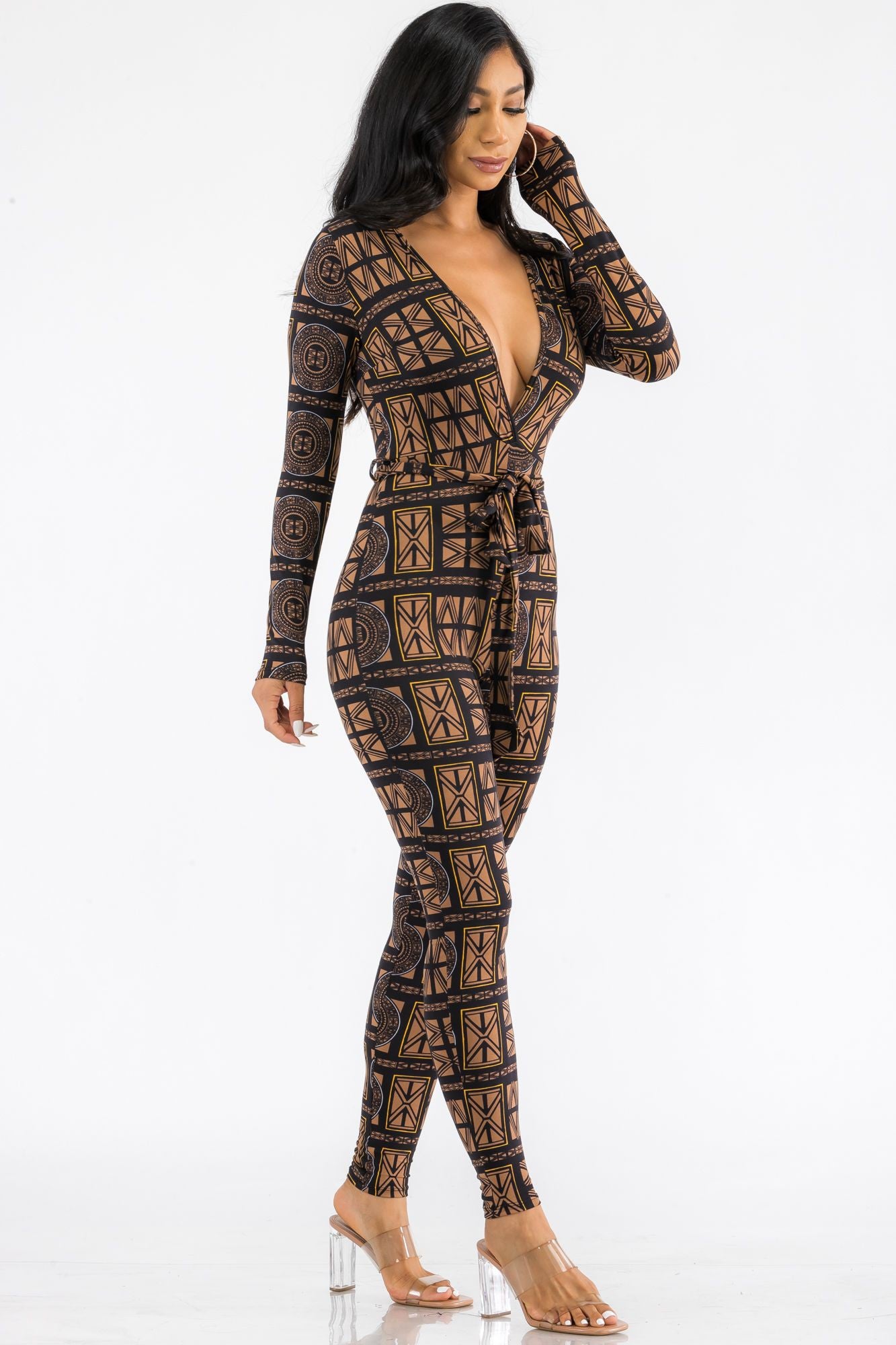 HH626X-TRIBAL - LONG SLEEVE BODYCON JUMPSUIT