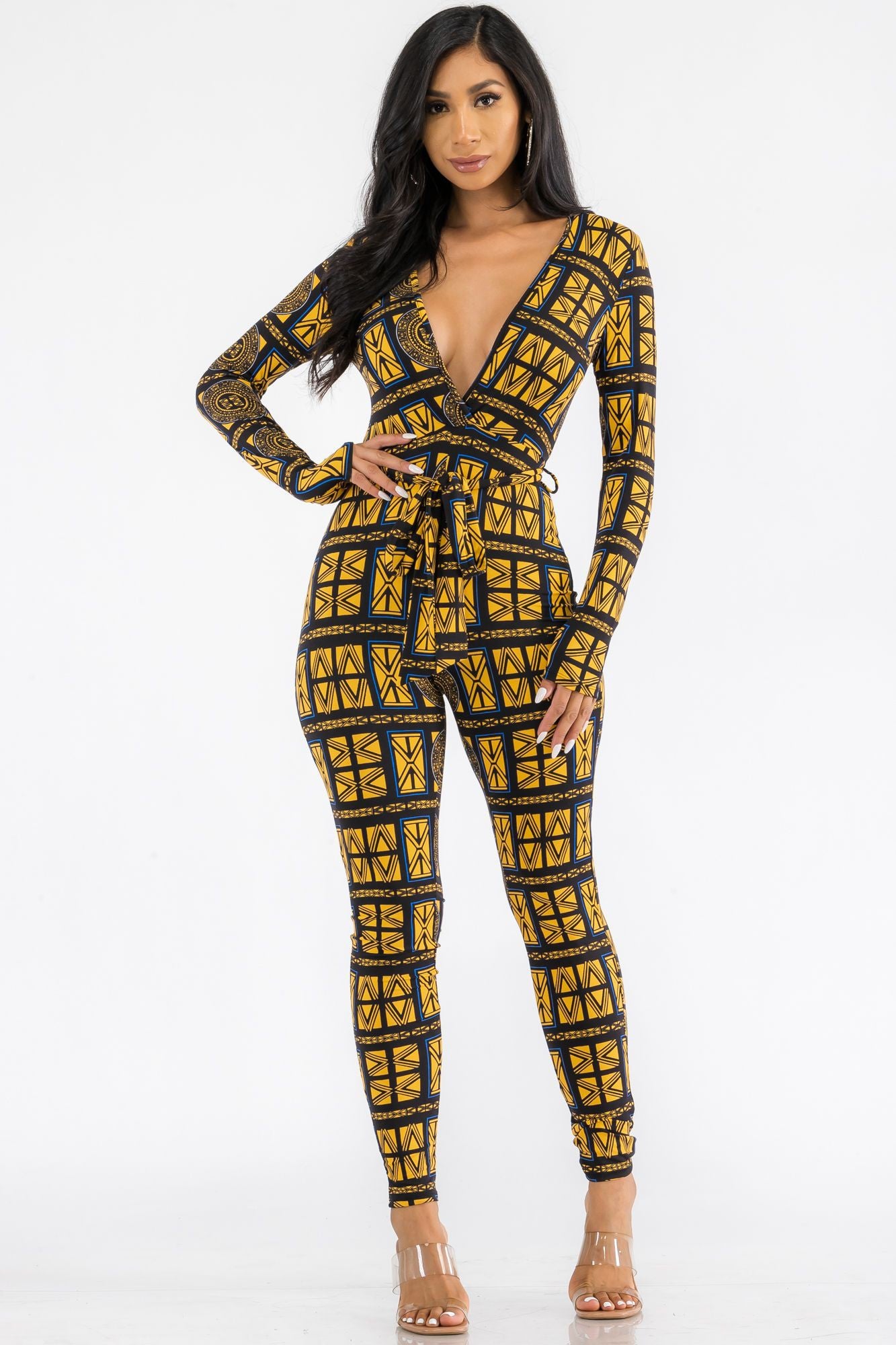 HH626X-TRIBAL - LONG SLEEVE BODYCON JUMPSUIT