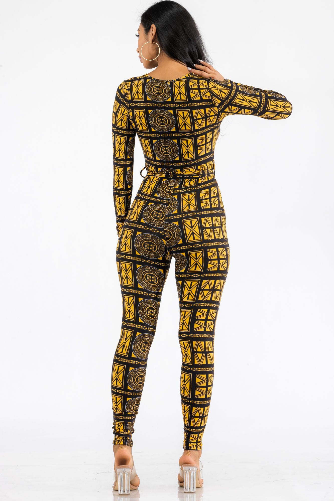 HH626X-TRIBAL - LONG SLEEVE BODYCON JUMPSUIT