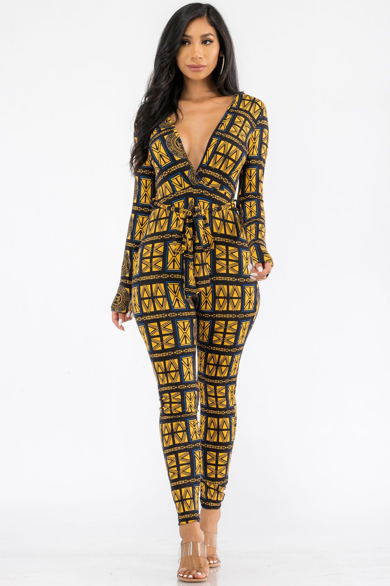 HH626X-TRIBAL - LONG SLEEVE BODYCON JUMPSUIT