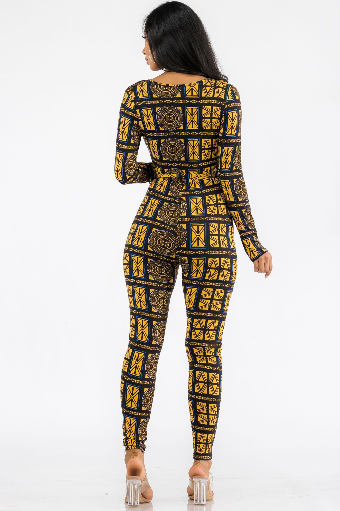 HH626X-TRIBAL - LONG SLEEVE BODYCON JUMPSUIT