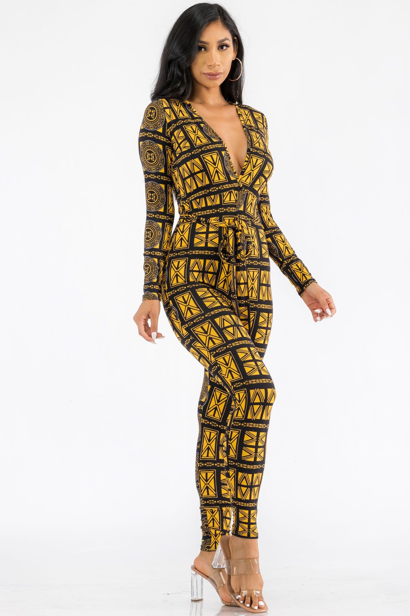 HH626X-TRIBAL - LONG SLEEVE BODYCON JUMPSUIT